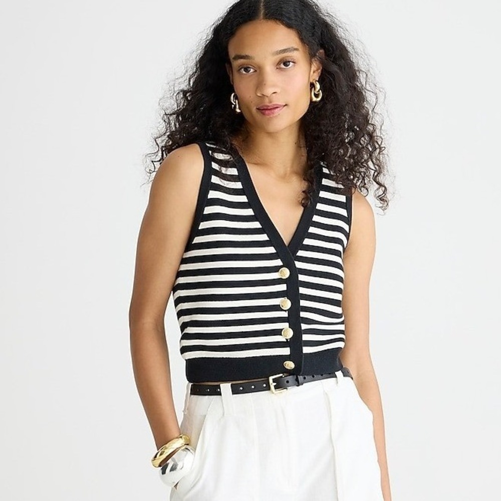 J.Crew Emilie Sweater Vest Stripe Gold Button V-Neck Black White Medium Women